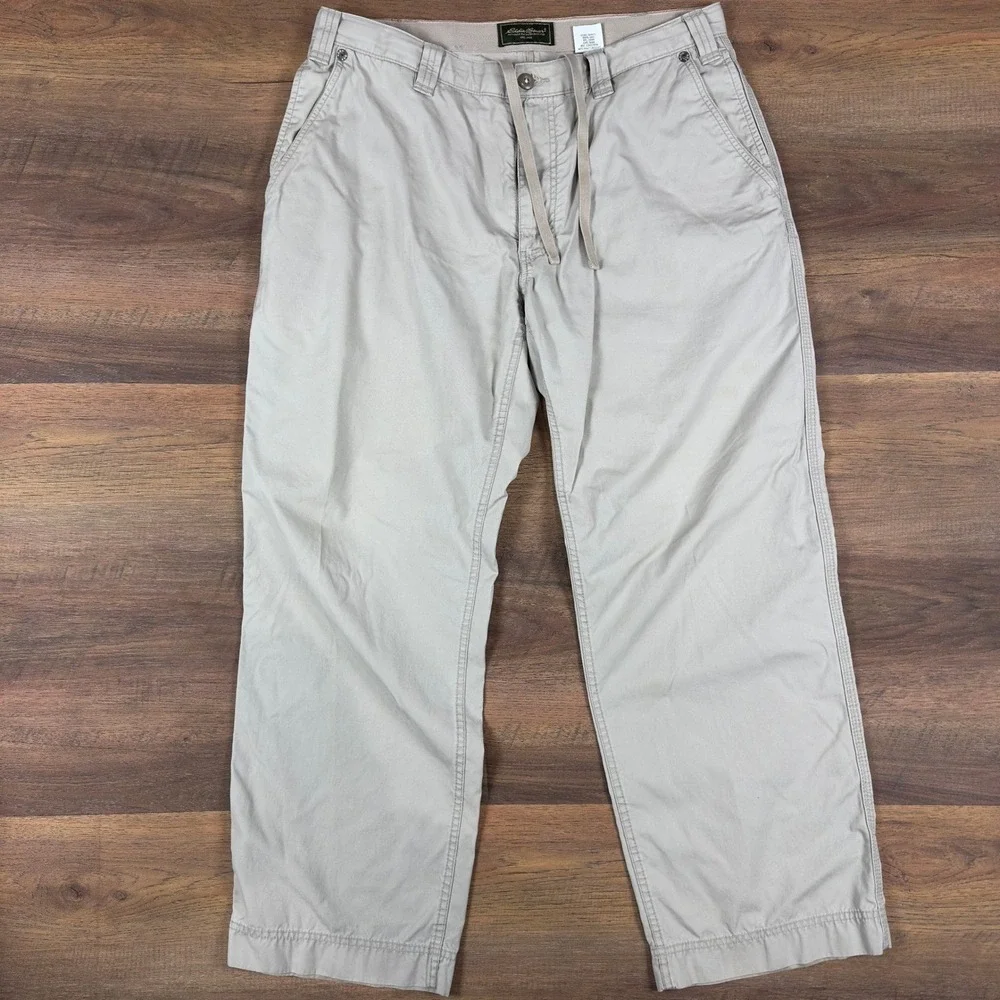 Eddie Bauer Mens 36x30 Khaki Tan Cotton Drawstring Chino Outdoor Pants Straight‎